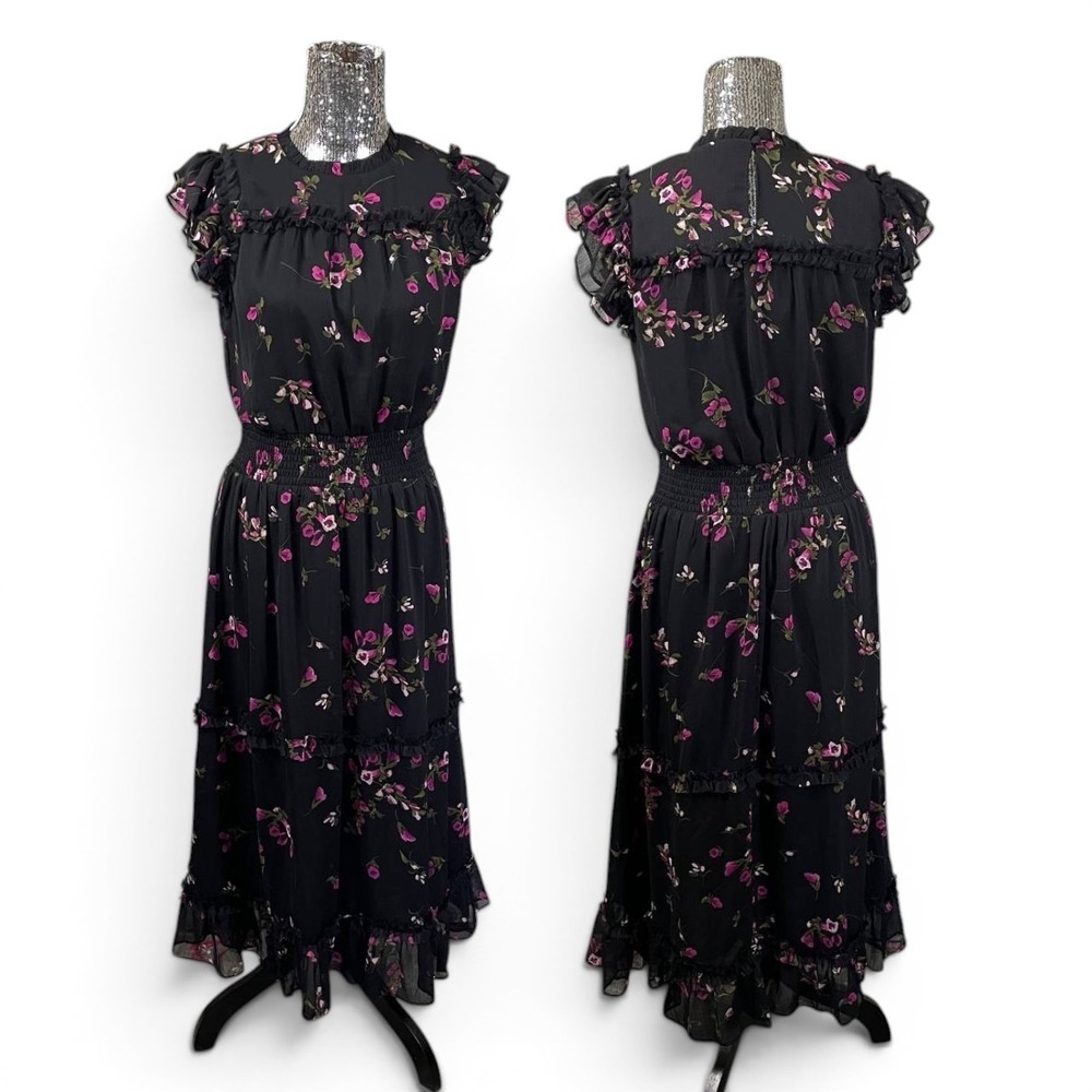 Black Pink Floral Chiffon Ruffle Tiered Smocked Waist Maxi Dress M